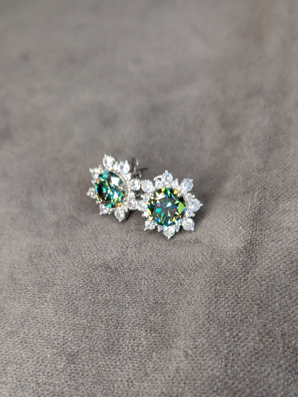 Mystic Green Halo Moissanite Flower Stud Earrings - WG Plated
